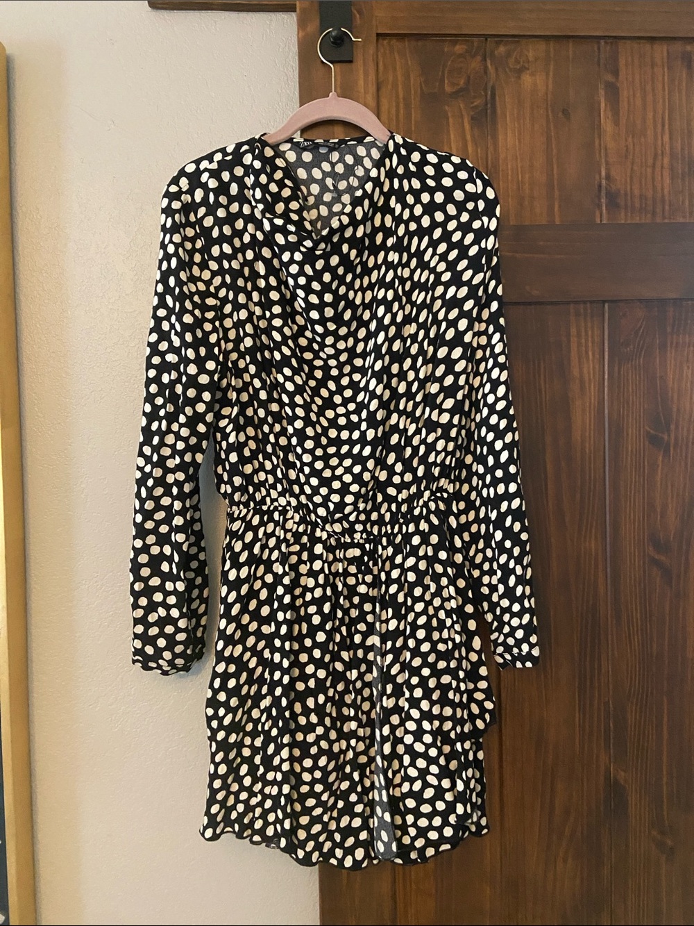 Zara Black Long-Sleeve Dress with Cream Polka Dots